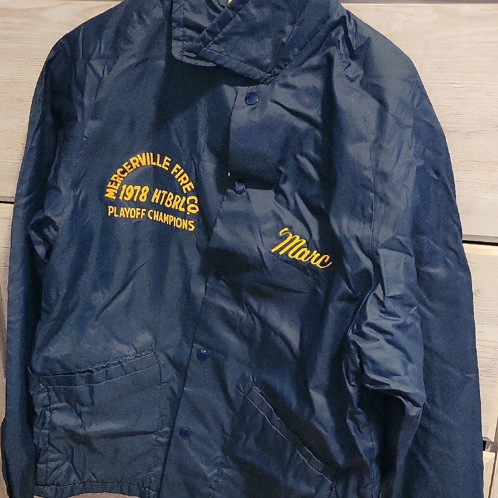 Vintage Navy Men’s Coach Jacket with Yellow Embroidery